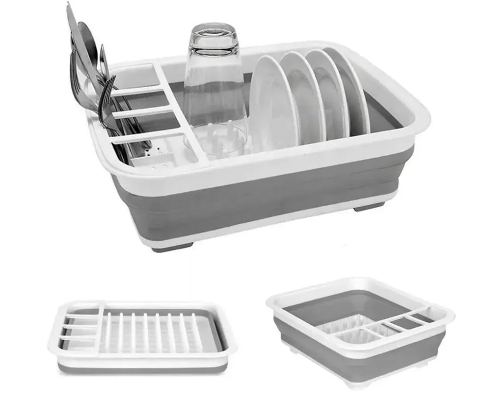 Oferta limitowana Składana silikonowa suszarka do naczyń biało-szara 35x28x11,5cm