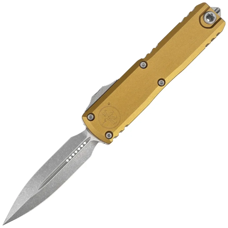 Nie przegap Nóż automatyczny OTF Microtech UTX-85 Gen IV D/E Tan Aluminium, Apocalyptic M390MK by Tony Marfione (12324-10APTA)
