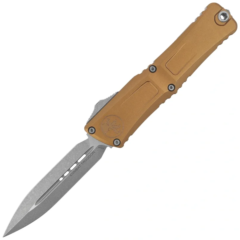Kup teraz Microtech Combat Troodon Gen III D/E OTF Knife Tan Aluminum, Apocalyptic M390MK by Tony Marfione (1142-10APTA)