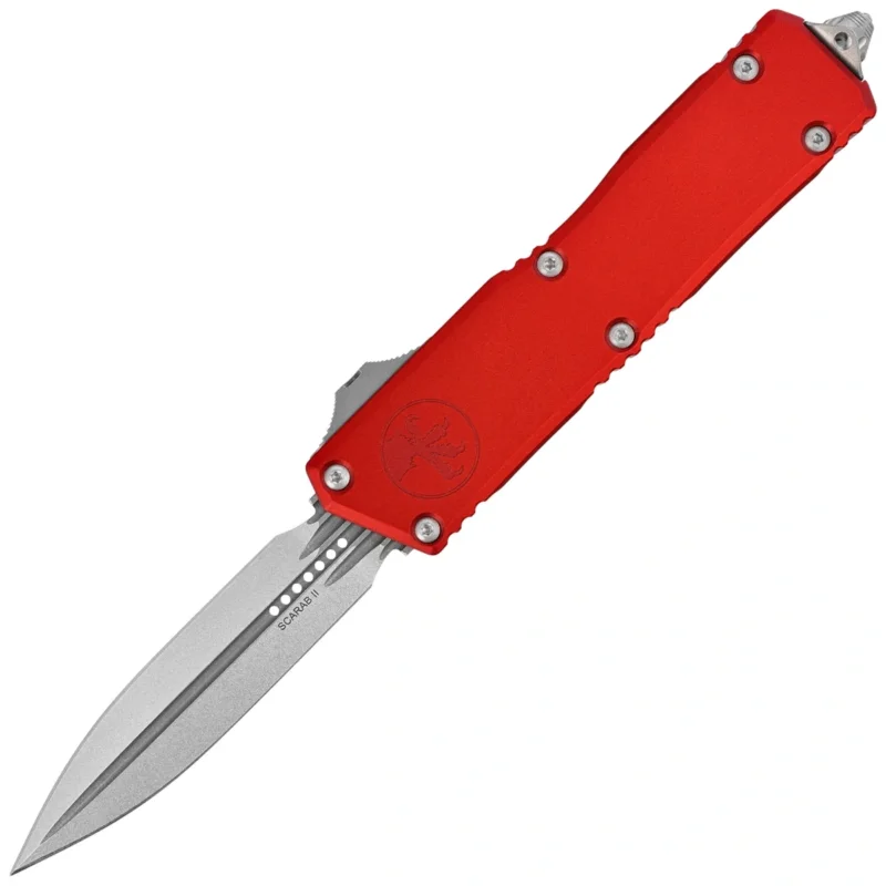 Szybka wysyłka Nóż automatyczny OTF Microtech Scarab II Gen III Executive D/E Red Aluminium, Stonewashed M390MK by Tony Marfione (1175-10RD)