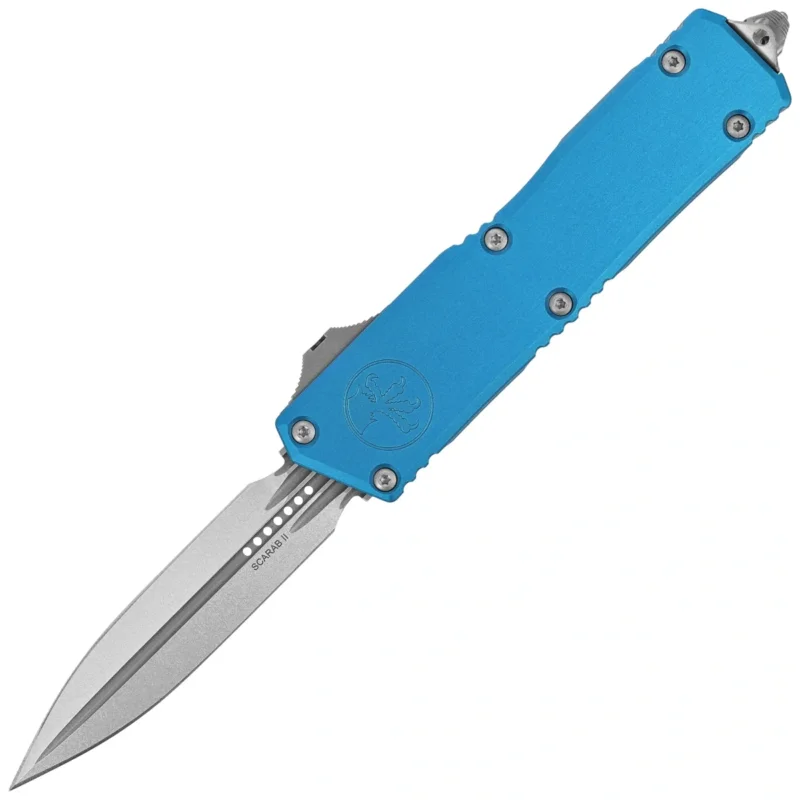 Promocja Nóż automatyczny OTF Microtech Scarab II Gen III Executive D/E Blue Aluminium, Stonewashed M390MK by Tony Marfione (1175-10BL)